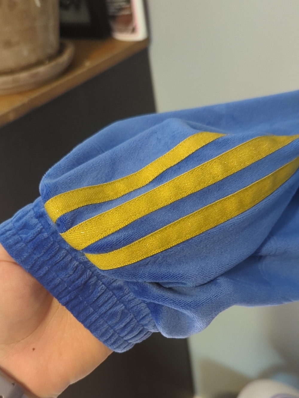 ADIDAS Primegreen Embossed Velvet Track Pants Three Stripe Blue and Gold Small S - Picture 4 of 10